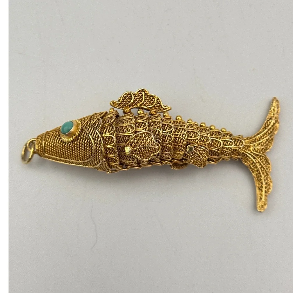 Vintage Chinese Export Silver Vermeil Articulated Koi Fish Pendant Turquoise Eye